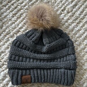 CC Gray Beanie with Faux Fun Pom
